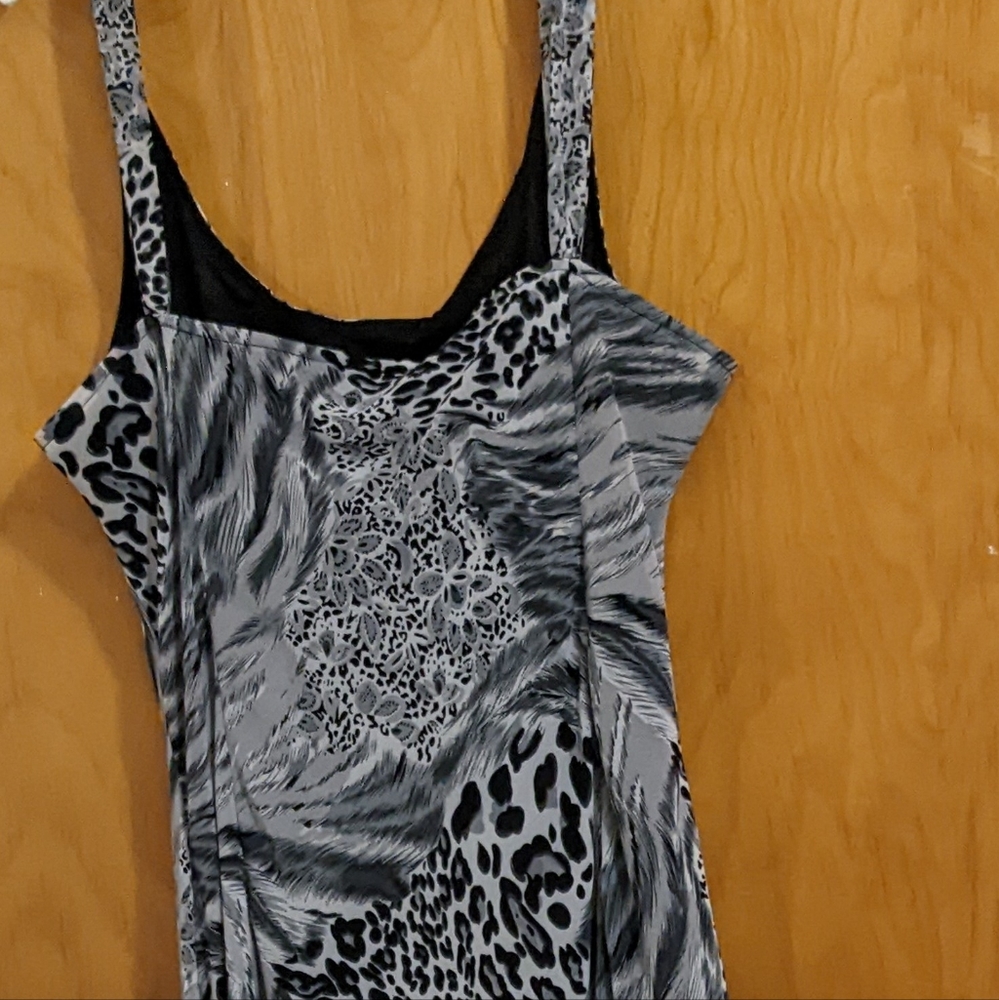 Women's dress grey, black, white.